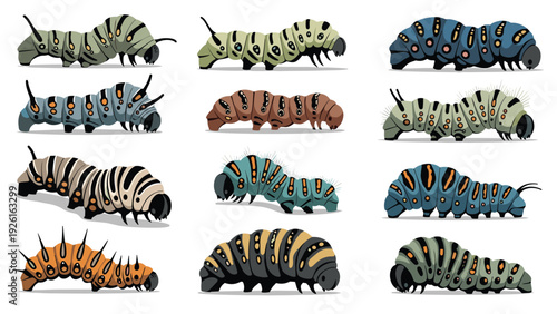 Collection of various colorful caterpillars in pixel art style, illustrating insects, wildlife, and natural life cycles.
