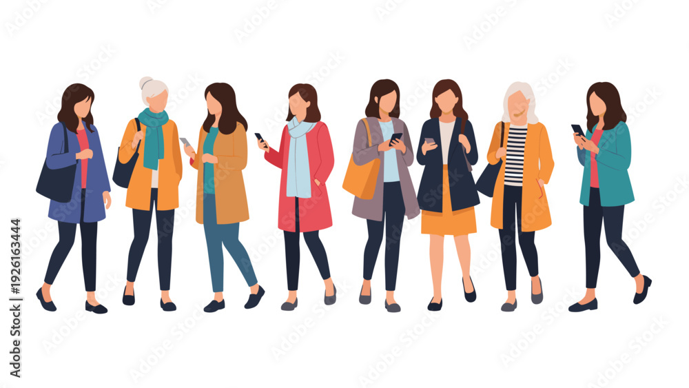 Obraz premium Diverse group of women of varying ages and styles, all actively using smartphones, representing modern digital communication.