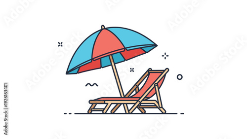 Relaxing beach chair and umbrella in a simple line art style with colorful accents, perfect for a summer holiday by the sea.