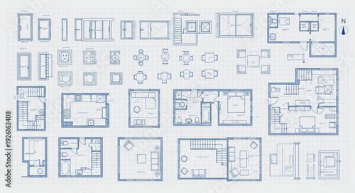 Architectural blueprints showcasing various floor plans and interior layouts for residential spaces.