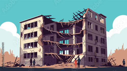 Severely damaged and ruined building with debris, depicting the aftermath of a disaster or conflict in a pixel art style.