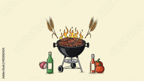 Barbecue grill cooking delicious meat skewers over hot flames, surrounded by wheat stalks, sauce, and wine for an outdoor feast.