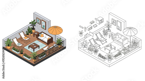 Isometric illustration of a stylish outdoor balcony or terrace with modern furniture and lush plants, shown in color and line art.