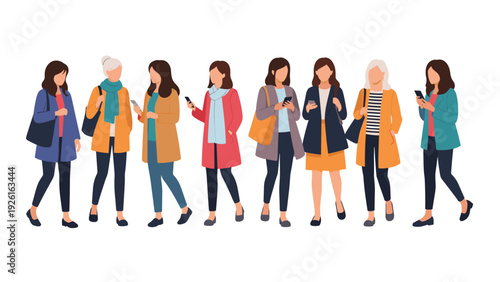 Diverse group of women of varying ages and styles, all actively using smartphones, representing modern digital communication.