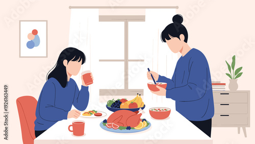 Two women enjoying a festive meal at a dining table, featuring a roasted turkey, fresh fruits, and various delicious dishes.