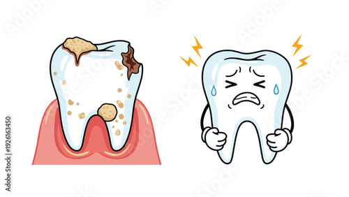 Illustrations of a severely decayed tooth with plaque and a cartoon tooth character showing pain, representing dental health issues.
