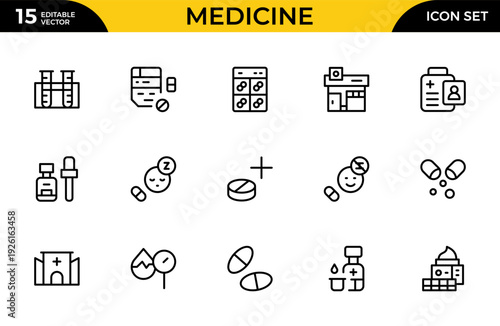 Modern Medicine Line Icon Collection. Healthcare, Pharmacy and Clinical Care Outline Vector Icons