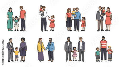 Diverse collection of family units, featuring various parental combinations and children, representing modern family structures and love.