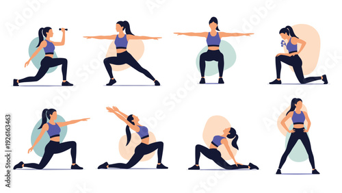 Collection of women performing various dynamic yoga and fitness poses, demonstrating strength, flexibility, and healthy lifestyle.