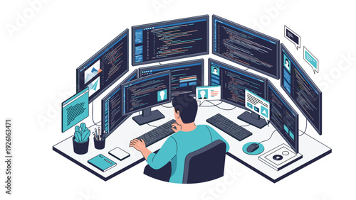 Programmer working intensely at a desk surrounded by multiple computer monitors displaying lines of code and data for software development.
