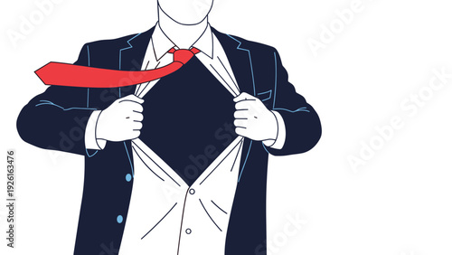 Man in a business suit dramatically ripping open his shirt to reveal an empty space underneath, symbolizing a superhero transformation.