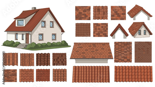 Charming house with a red tiled roof, accompanied by a collection of diverse roof tile patterns and textures for construction and design.