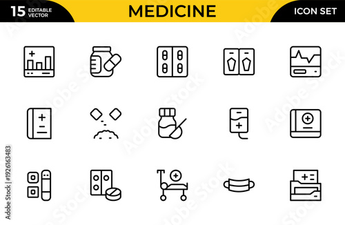 Modern Medicine Line Icon Collection. Healthcare, Pharmacy and Clinical Care Outline Vector Icons