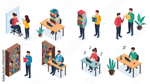 Isometric set of people engaged in reading, studying, and working with books and laptops in various educational and professional settings.