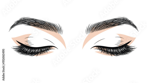 Detailed illustration of closed female eyes with long, voluminous eyelashes, defined eyebrows, and perfectly applied eyeliner.