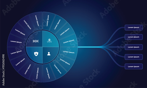 Futuristic Glassmorphism infographic wheel, circular design for data visualization, presentations, or application interfaces. At the center, 4 interactive selection buttons. Fintech Data visualization