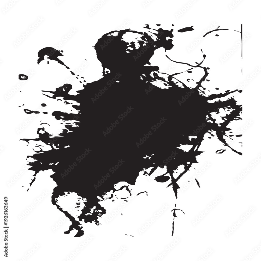 Obraz premium Abstract black ink blot with splatters and drips on a white background.