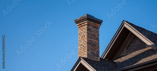 Brick Chimney on a House Roof Against a Clear Blue Sky.