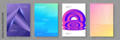 A collection of four stylish abstract posters featuring purple geometric shapes blue wavy lines pink circles and orange waves for contemporary interior decor or event promotion