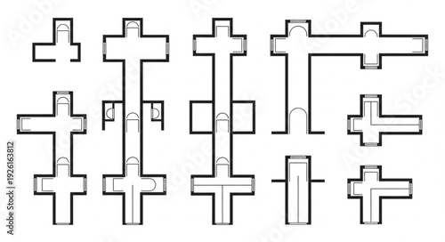Architectural blueprint sketches showcasing various cross-shaped structures with intricate designs and details.