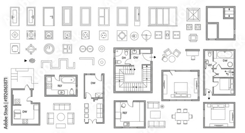 Architectural blueprints and floor plans showcasing various room layouts and designs.