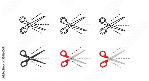 Collection of six vector graphic illustrations depicting various styles of open scissors cutting dashed lines