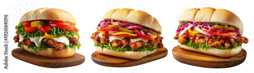 Milanesa chicken sandwich with beef lettuce, tomato, onions, pickles, and sauce isolated on white background, concept of fast food