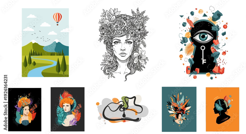 Obraz premium Tribal tattoo design set with vector cartoon illustrations and icons featuring birds, faces, women and fun artistic elements for cards, holidays and business use