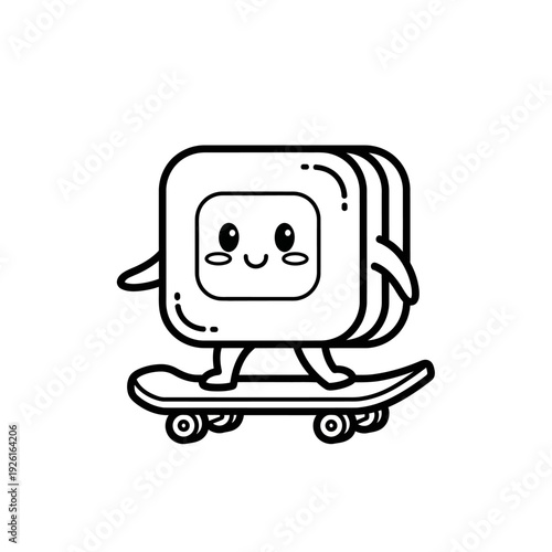 Cute Sushi Character Riding Skateboard, Kawaii Style, Black and White Line Art