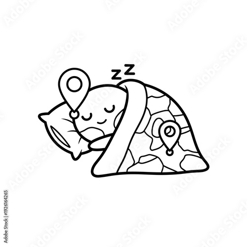 Cute sleeping character with map blanket and location pins, travel rest concept