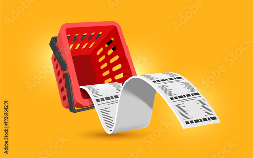 Receipt paper fell out of the empty red shopping basket after purchases were made, vector 3d illustration isolated on orange background for online shopping advertising design, vector for banner design