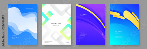 Collection of four modern posters with fluid waves and geometric square shapes in blue yellow and purple color palettes