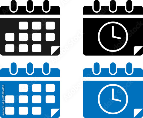 Calendar and clock icons set in black and blue
