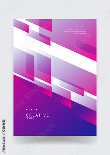 A creative abstract poster design featuring overlapping purple and pink geometric rectangles with white diagonal stripes and translucent glass effects