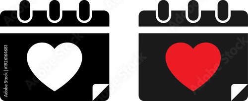 Modern calendar icons with heart symbols for love and romance