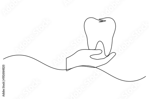 Hand Holding Tooth Continuous One Line Art Dental Care Protection Concept Clinic Vector Illustration