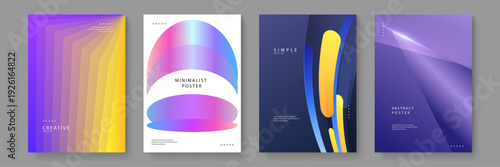 Premium set of four futuristic posters featuring dark navy backgrounds neon gradients holographic arcs and geometric depth for modern branding