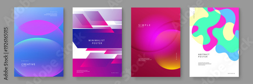 Set of four diverse modern posters featuring vibrant purple gradients, geometric shapes, and colorful organic fluid patterns for creative projects