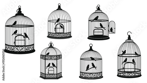 Collection of diverse bird cages in silhouette, some featuring birds, symbolizing freedom, captivity, and domestic pets.