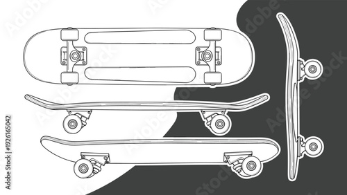 Multiple views of a classic skateboard, including top, side, and perspective angles, rendered in a clean line art style.