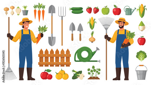 Extensive collection of gardening tools, fresh vegetables, ripe fruits, and two happy farmers, symbolizing agriculture and healthy living.