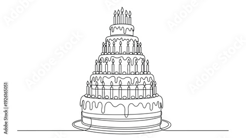 Elegant multi-tiered birthday cake adorned with numerous candles, beautifully rendered in a continuous single line art style.