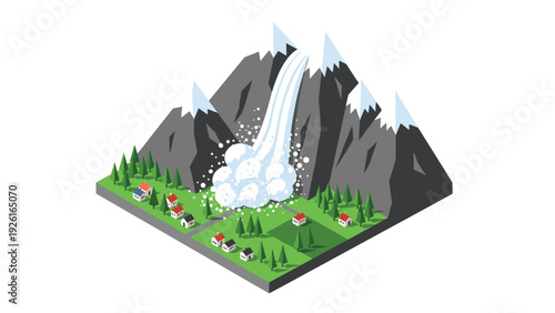 Isometric illustration of a snowy mountain with a destructive avalanche descending towards a small village in the valley below.
