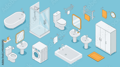 Isometric collection of diverse bathroom furniture and fixtures, including bathtubs, showers, toilets, sinks, and a washing machine.