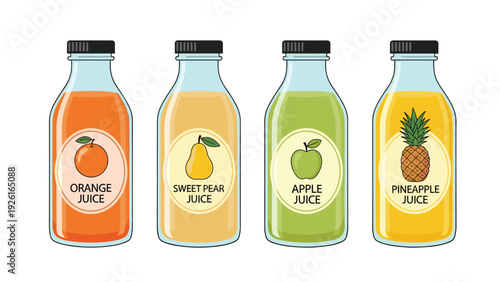 Collection of four glass bottles containing refreshing fruit juices: orange, sweet pear, apple, and pineapple, for healthy hydration.