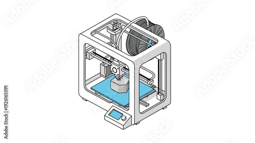 Isometric illustration of a modern 3D printer in operation, creating an object with additive manufacturing technology and innovation.