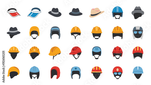 Extensive collection of diverse hats and helmets in various styles and colors, representing fashion, protection, and different professions.