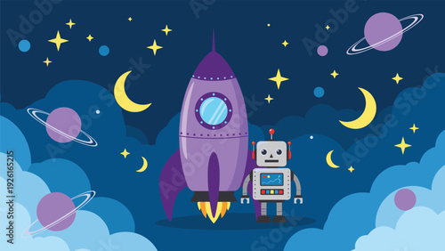 Cartoon rocket and friendly robot amidst planets, stars, moons, and clouds in a vibrant night sky, symbolizing space adventure.