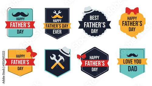 Collection of eight diverse "Happy Father's Day" badges and labels, featuring mustaches, tools, and hats, perfect for celebration.