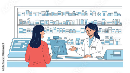 Pharmacist assisting a customer at the counter, providing advice on medication and healthcare products in a modern pharmacy setting.